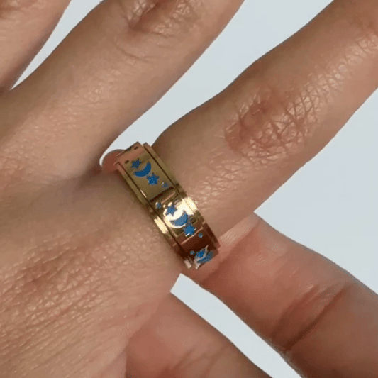 Anillo Deslizante Luna y Estrellas Azules Dorado