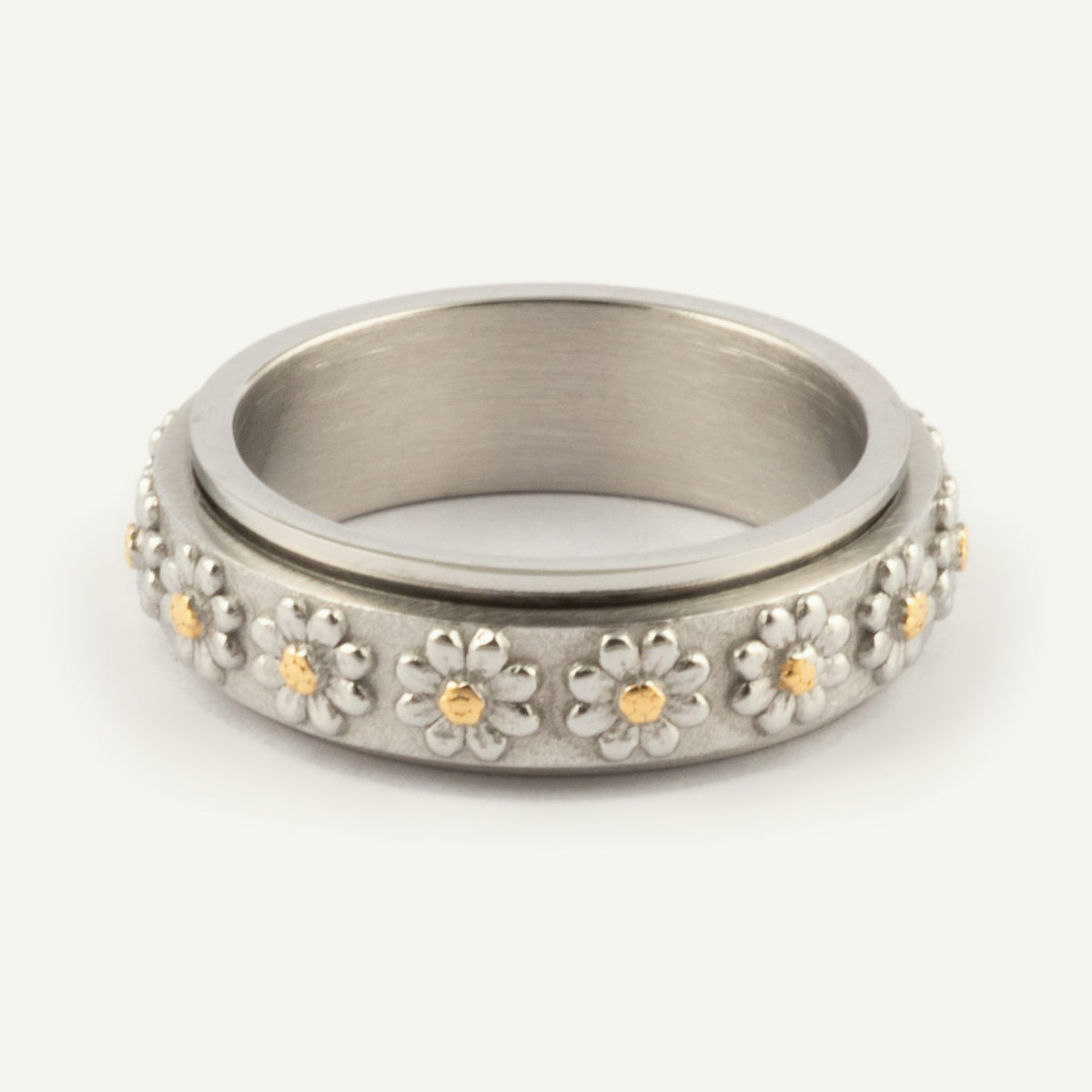 Anillo Deslizante Flores Relieve Plateado