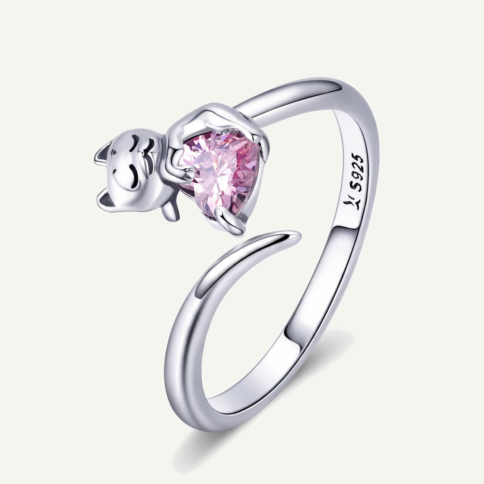 Anillo Plata S925 Gato y Corazón Rosa