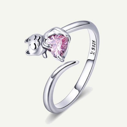 Anillo Plata S925 Gato y Corazón Rosa