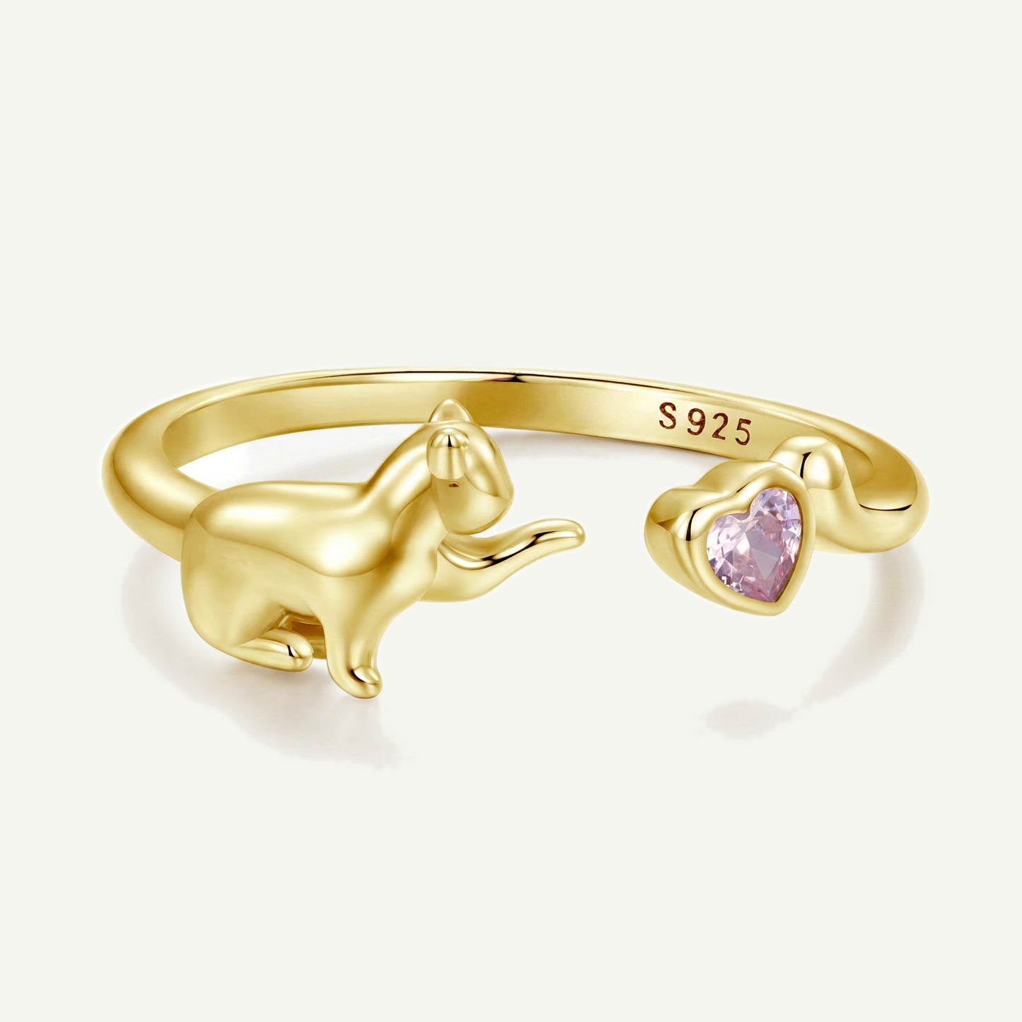 Anillo Dorado Plata S925 Gato y Corazón Rosa