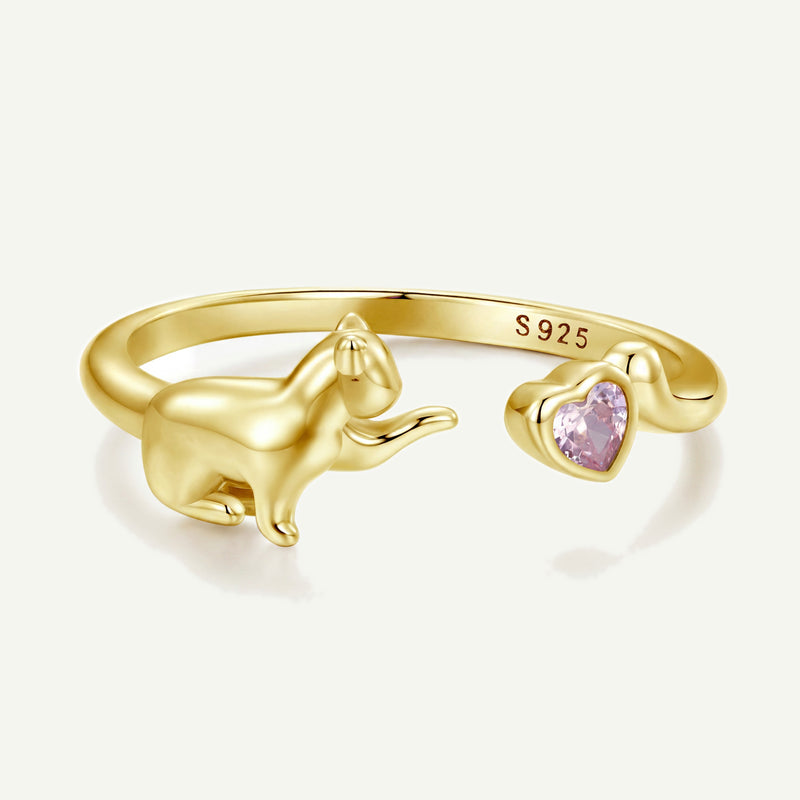 Anillo Dorado Plata S925 Gato y Corazón Rosa