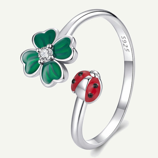 Anillo Plata S925 Trébol y Mariquita