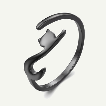 Anillo Negro Plata S925 Gato Curvo