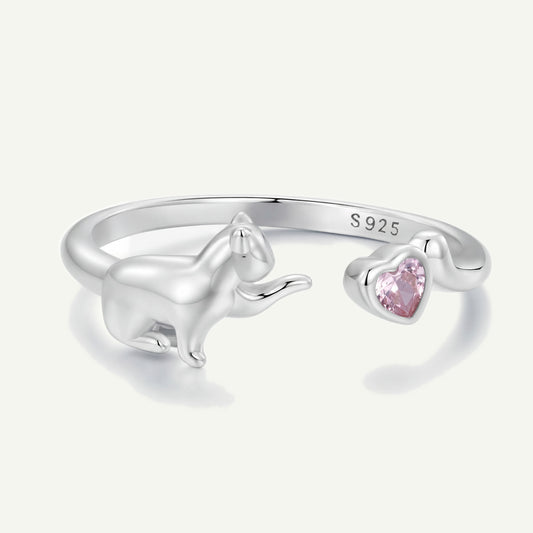 Anillo Plata S925 Gato y Corazón Rosa