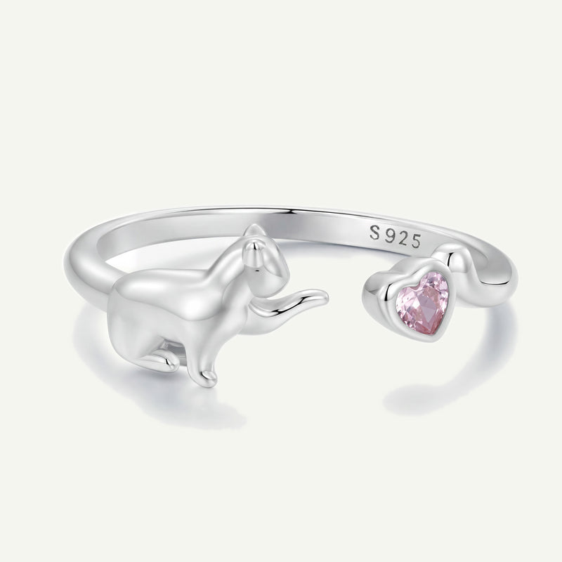 Anillo Plata S925 Gato y Corazón Rosa