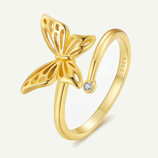 Anillo Dorado Plata S925 Mariposa Calada