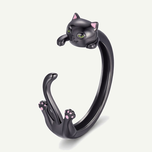 Anillo Negro Plata S925 Gatito Acostado