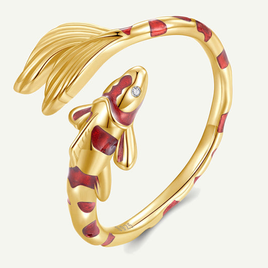 Anillo Dorado Plata S925 Pez Koi Rojo
