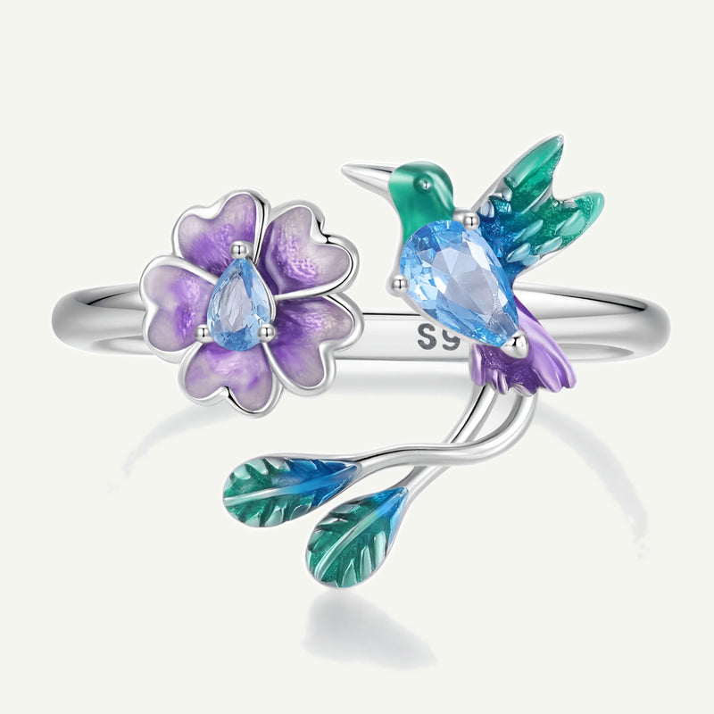 Anillo Plata S925 Colibrí y Flor Lila