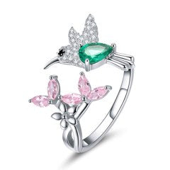 Anillo Plata S925 Colibrí Verde y Flor Rosa