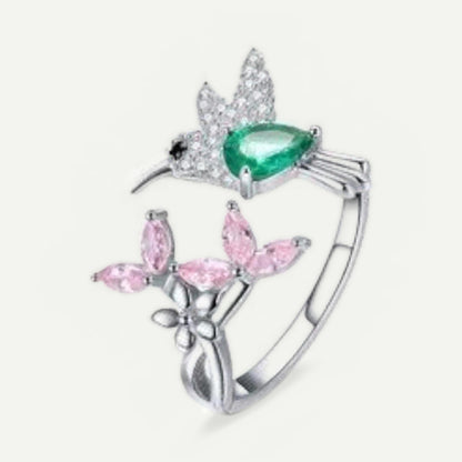 Anillo Plata S925 Colibrí Verde y Flor Rosa