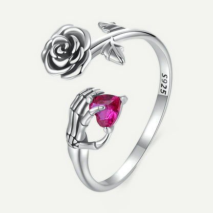 Anillo Plata S925 Mano Esqueleto y Rosa