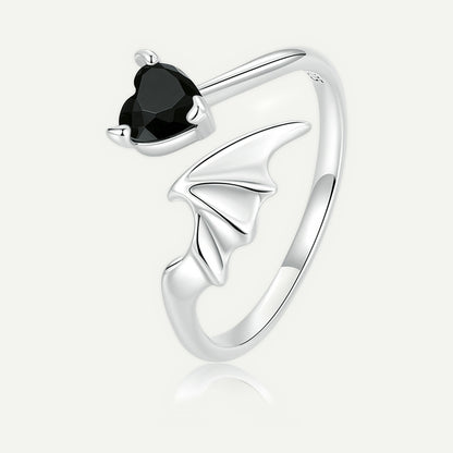 Anillo Plata S925 Corazón Negro y Ala