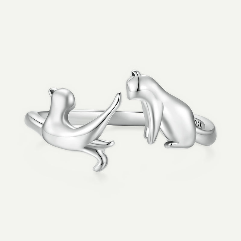 Anillo Plata S925 Gatitos Frente a Frente
