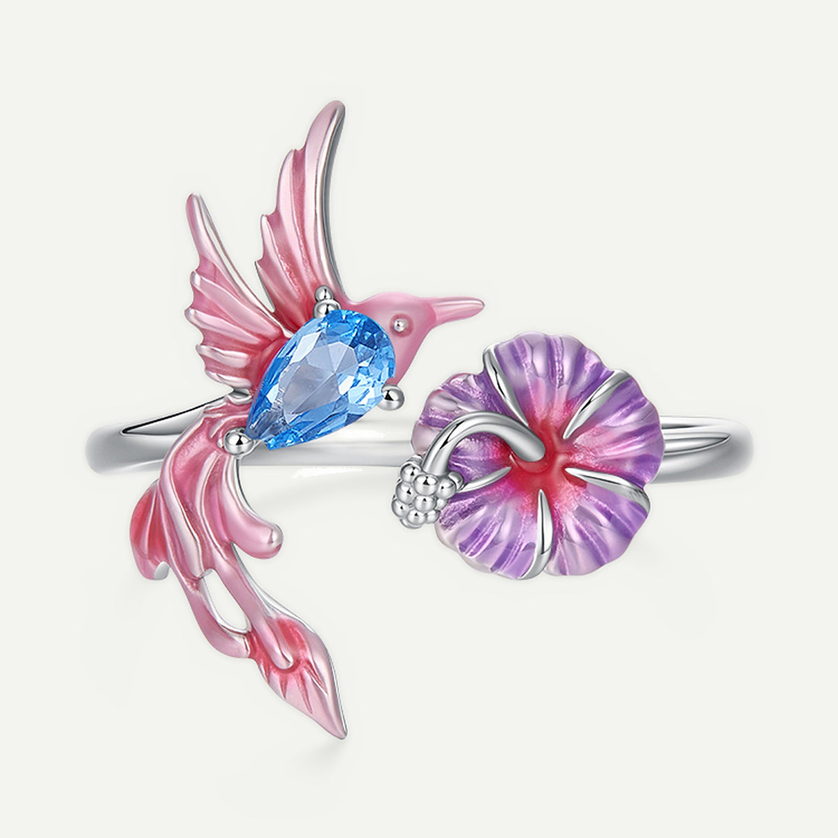Anillo Plata S925 Colibrí Rosa y Flor Lila