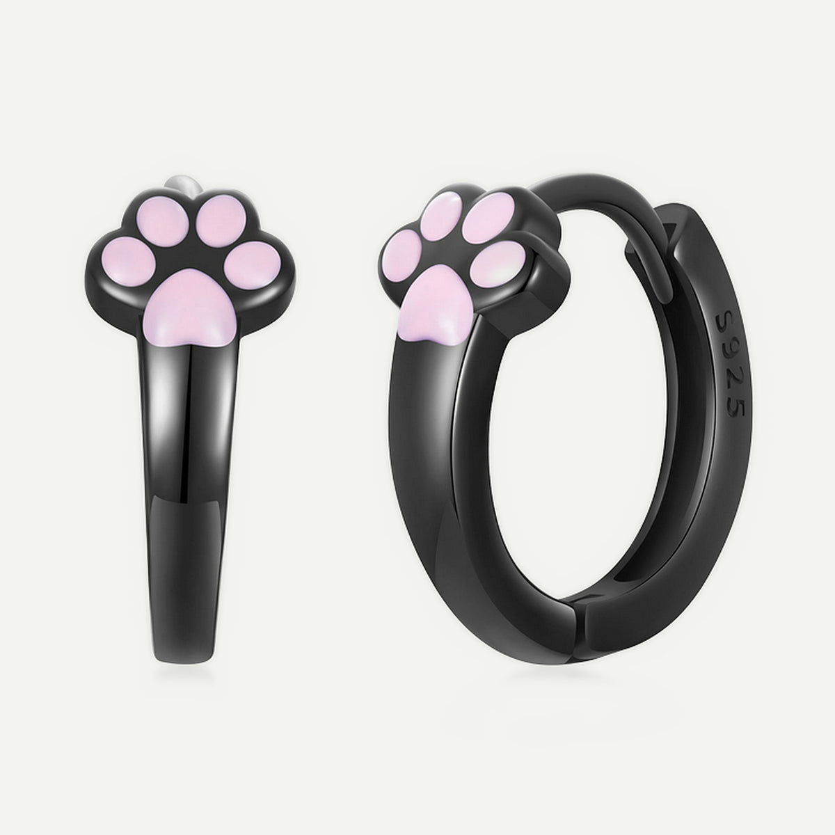 Aretes Argolla Negros Plata S925 Huella de Gato