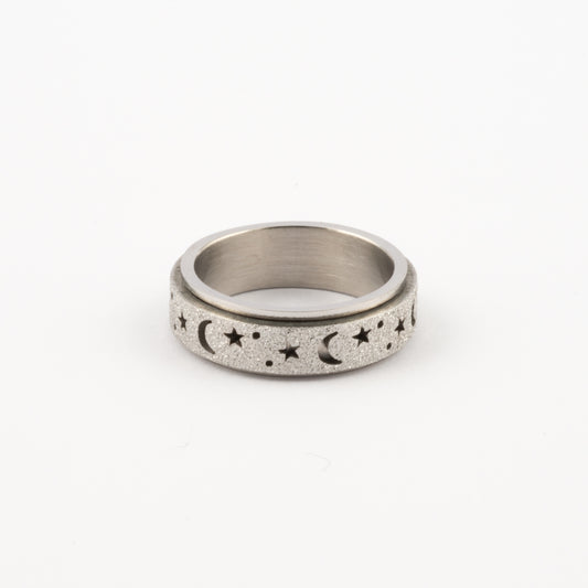 Anillo Deslizante Luna y Estrellas Aspero Plateado