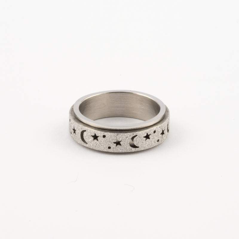 Anillo Deslizante Luna y Estrellas Aspero Plateado