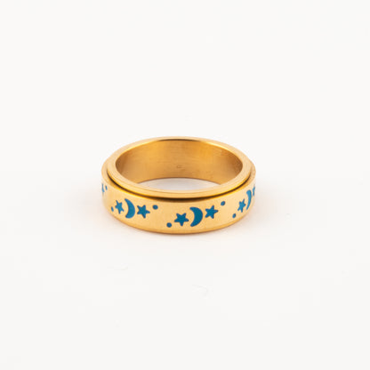 Anillo Deslizante Luna y Estrellas Azules Dorado