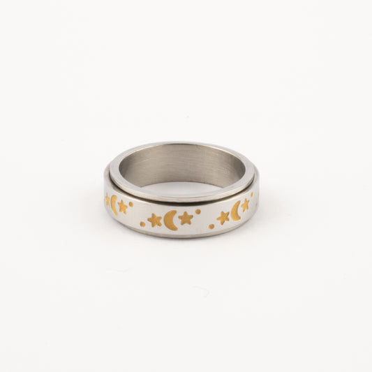 Anillo Deslizante Luna y Estrellas Amarillas Plateado