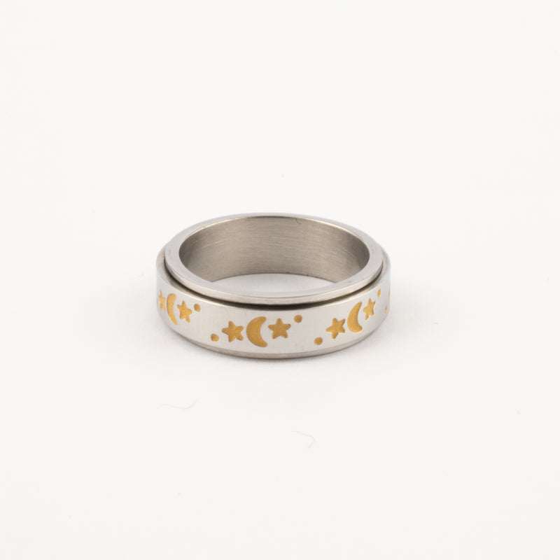 Anillo Deslizante Luna y Estrellas Amarillas Plateado
