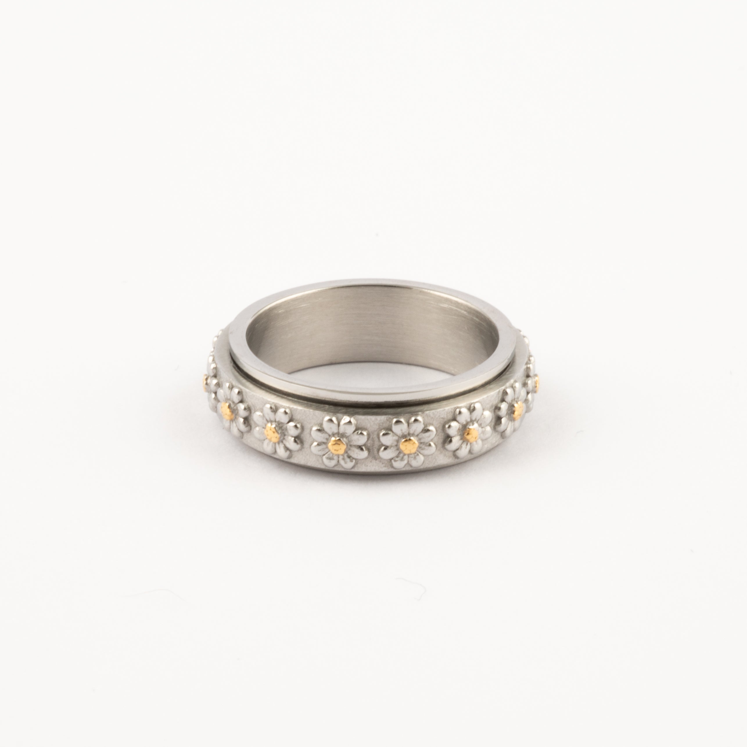 Anillo Deslizante Flores Relieve Plateado