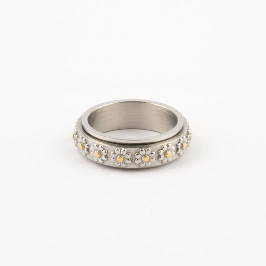 Anillo Deslizante Flores Relieve Plateado