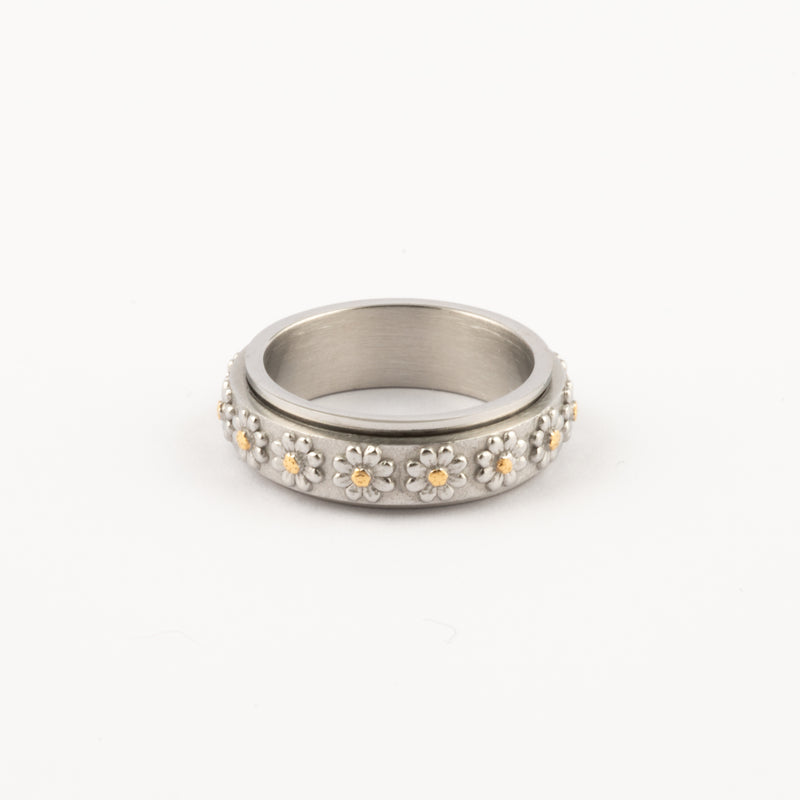 Anillo Deslizante Flores Relieve Plateado