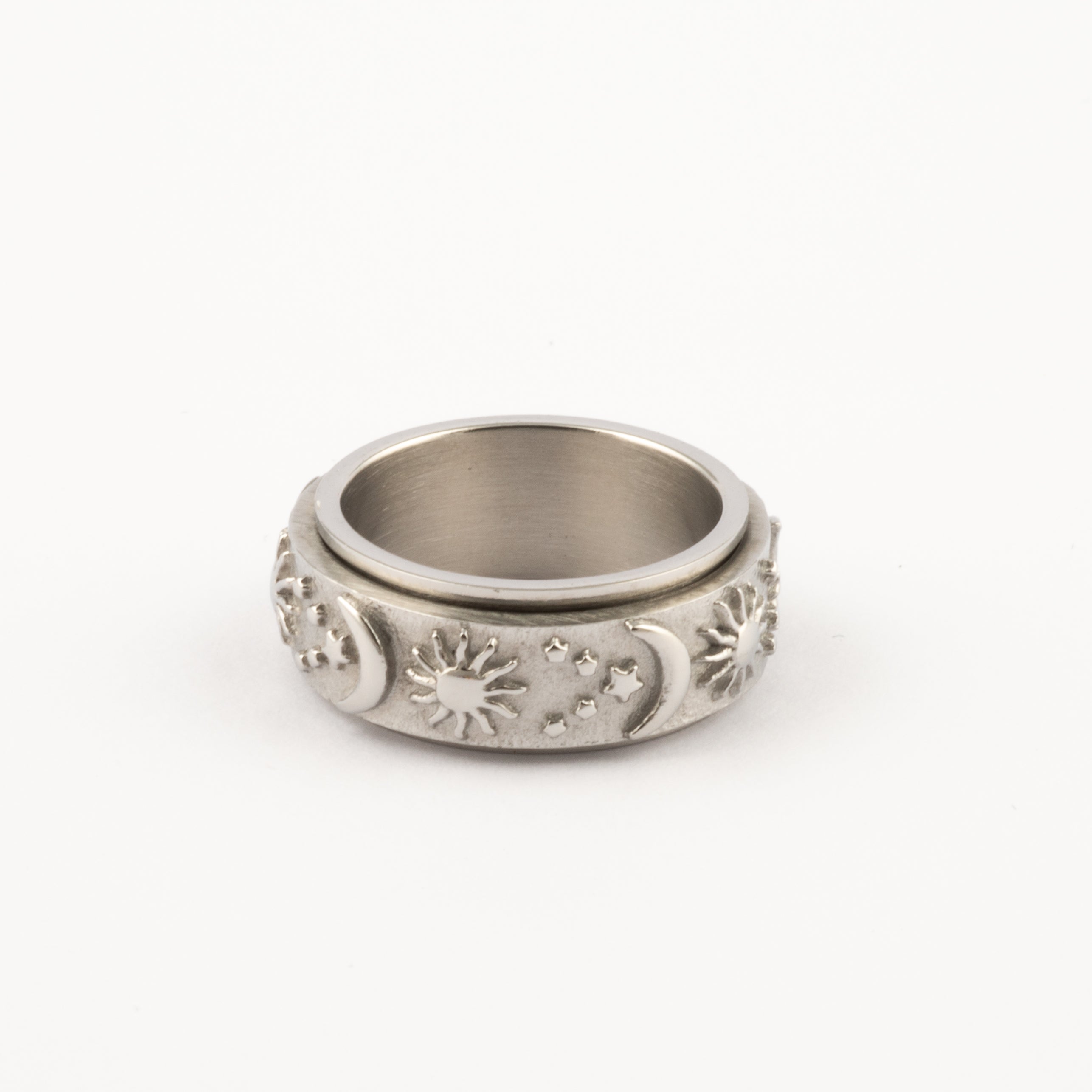 Anillo Deslizante Luna y Estrellas Relieve Plateado