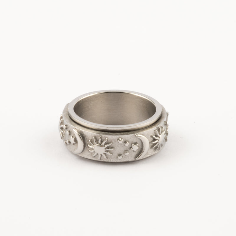Anillo Deslizante Luna y Estrellas Relieve Plateado