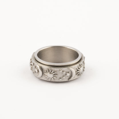 Anillo Deslizante Luna y Estrellas Relieve Plateado