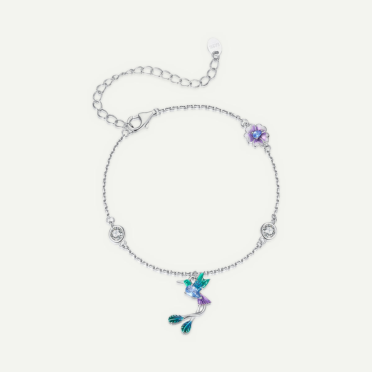 Pulsera Plata S925 Colibrí y Flor Lila
