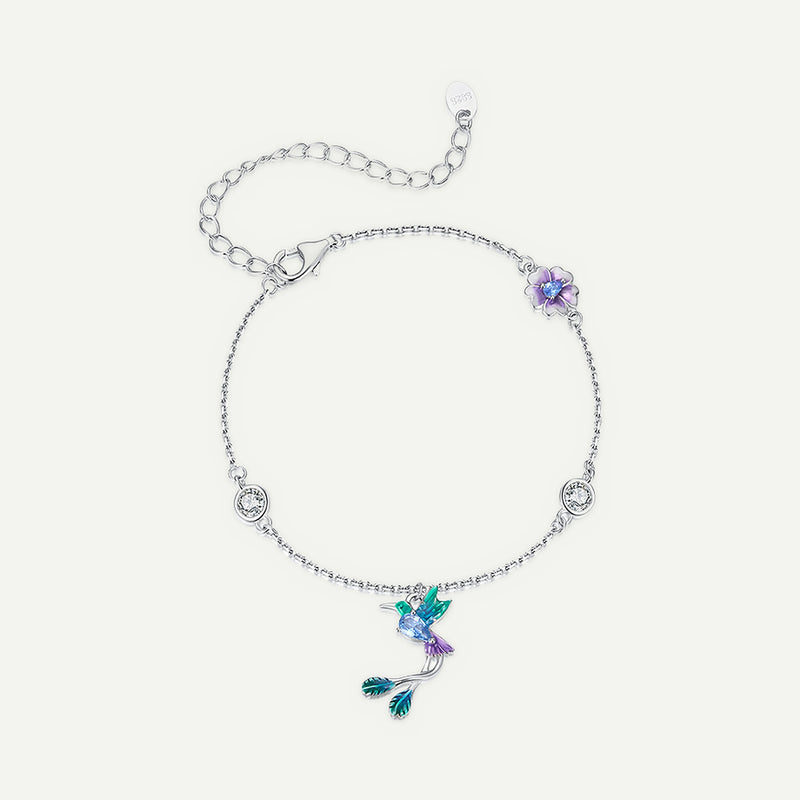 Pulsera Plata S925 Colibrí y Flor Lila