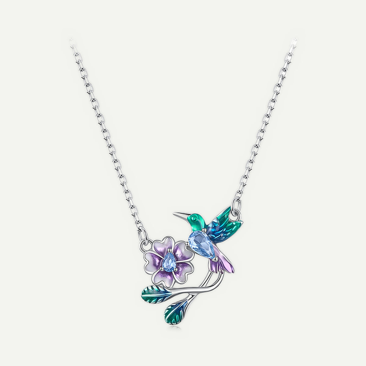 Collar Plata S925 Colibrí y Flor Lila