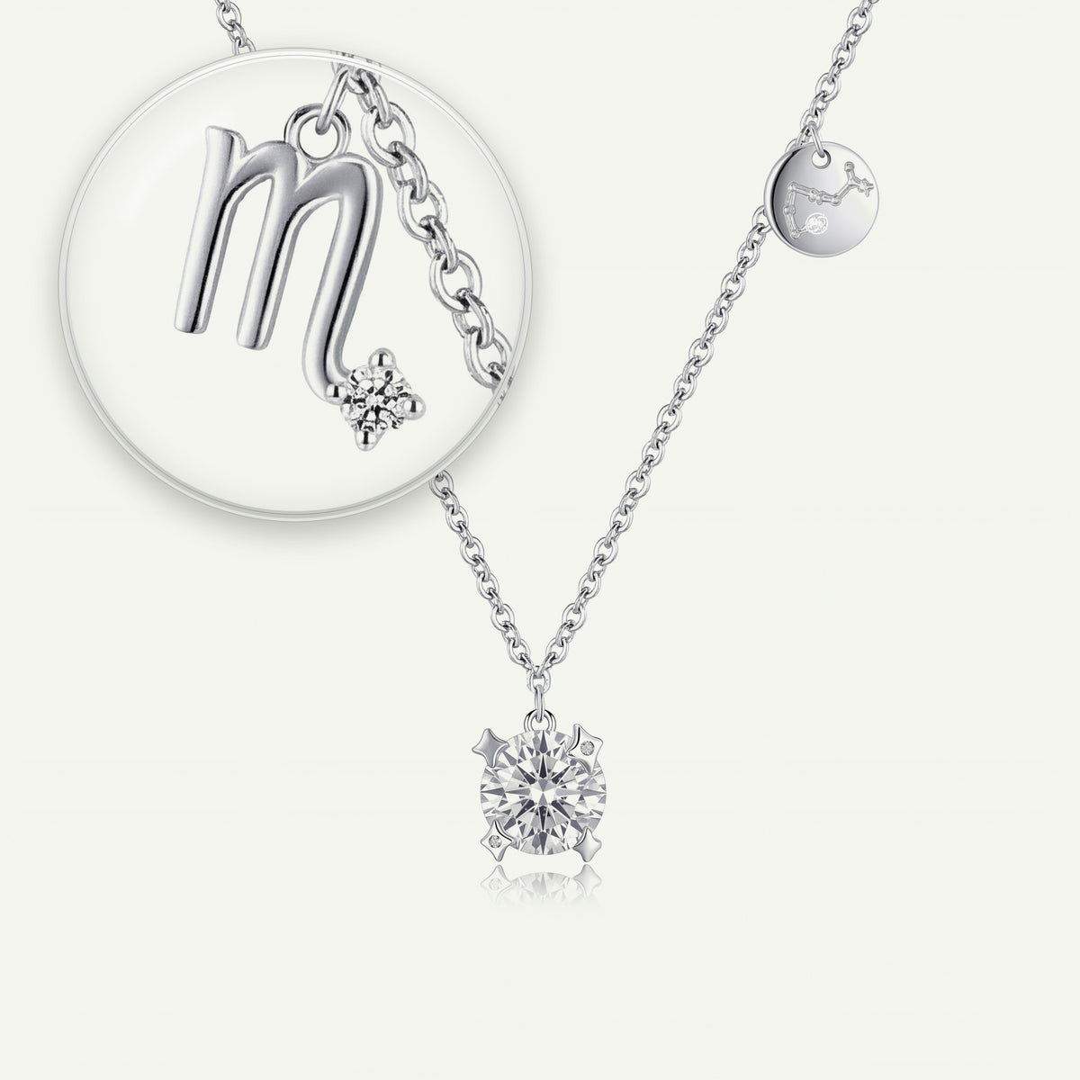 Collar Constelación Escorpio S925 plateado - lupa sobre el dije del signo