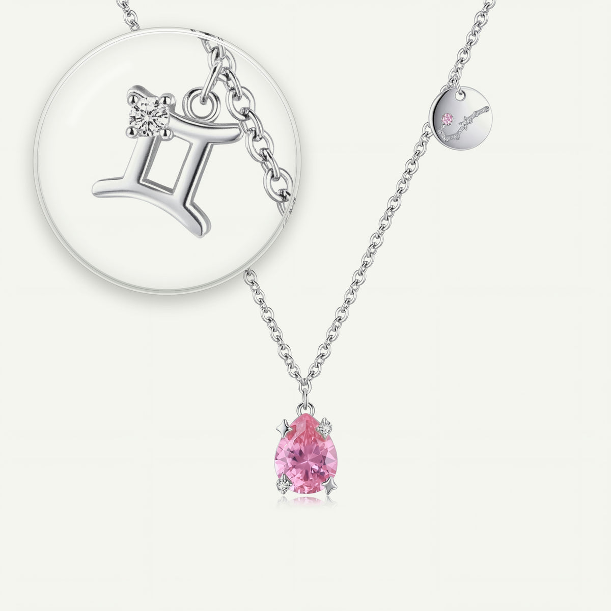 Collar Constelación Géminis S925 plateado - lupa sobre el dije del signo