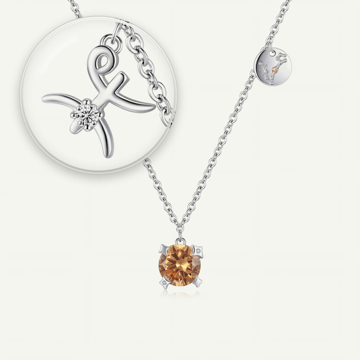 Collar Constelación Piscis S925 plateado - lupa sobre el dije del signo