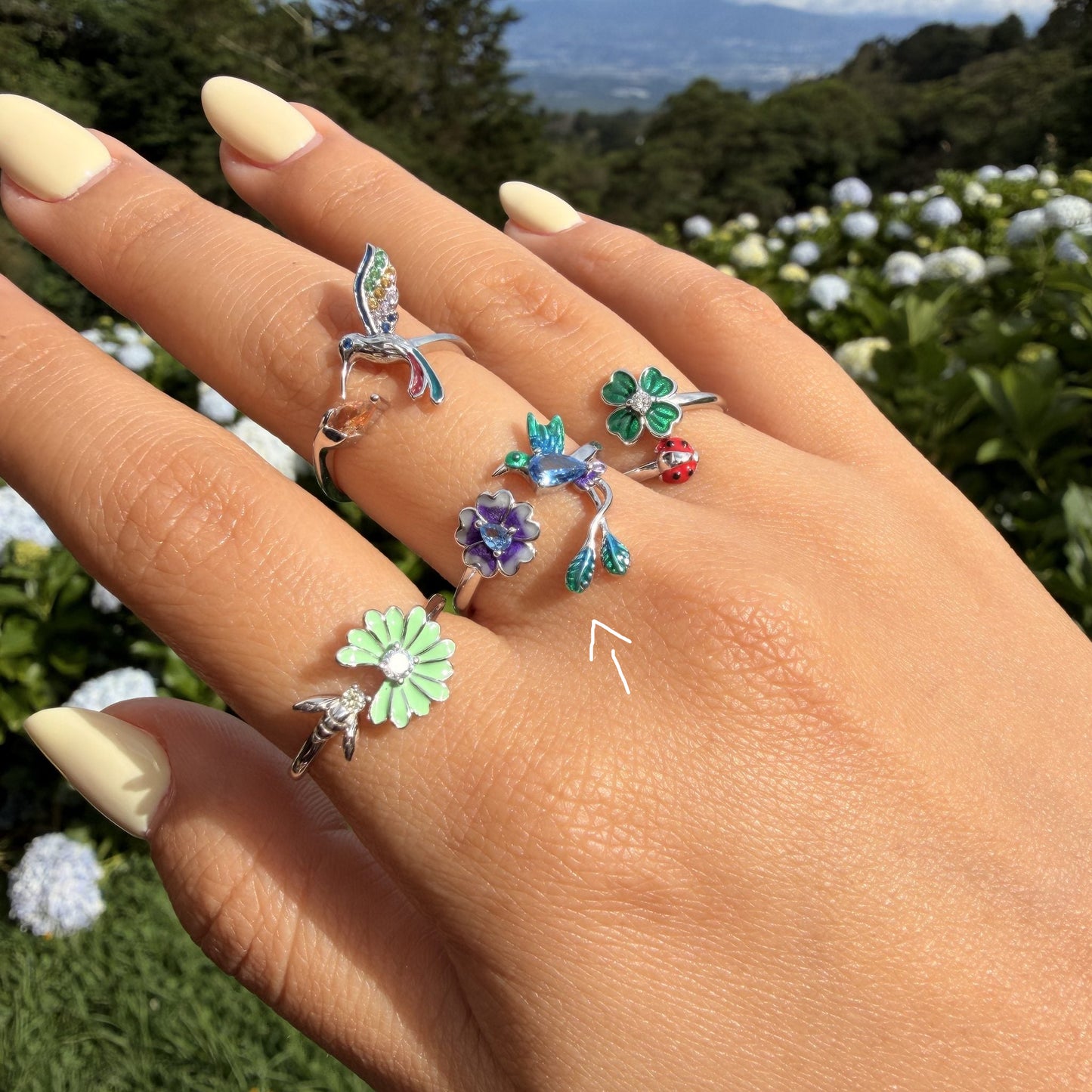 Anillo Plata S925 Colibrí y Flor Lila
