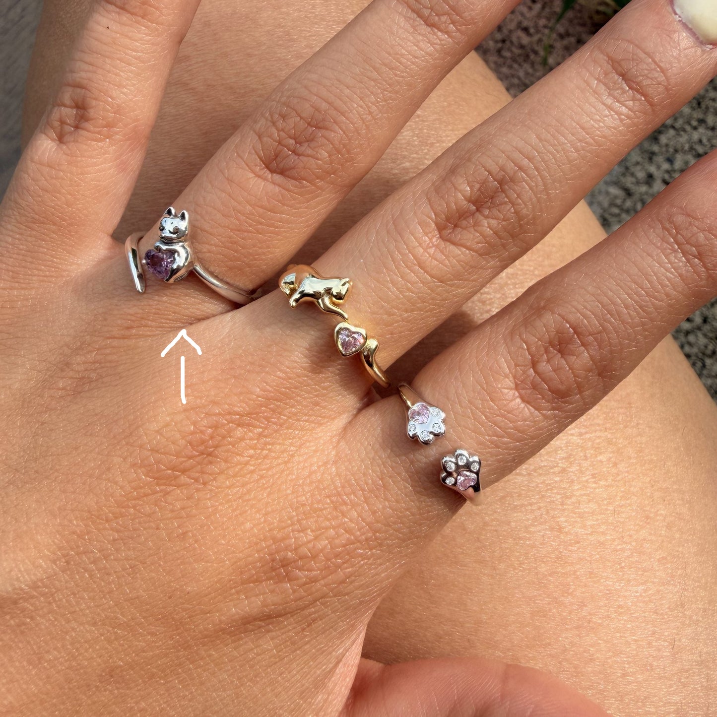 Anillo Plata S925 Gato y Corazón Rosa