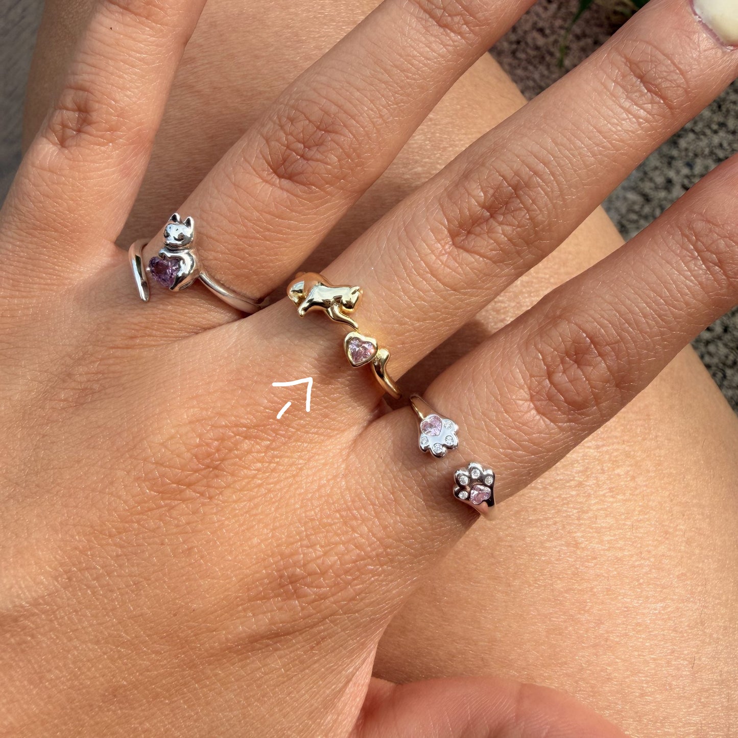 Anillo Dorado Plata S925 Gato y Corazón Rosa
