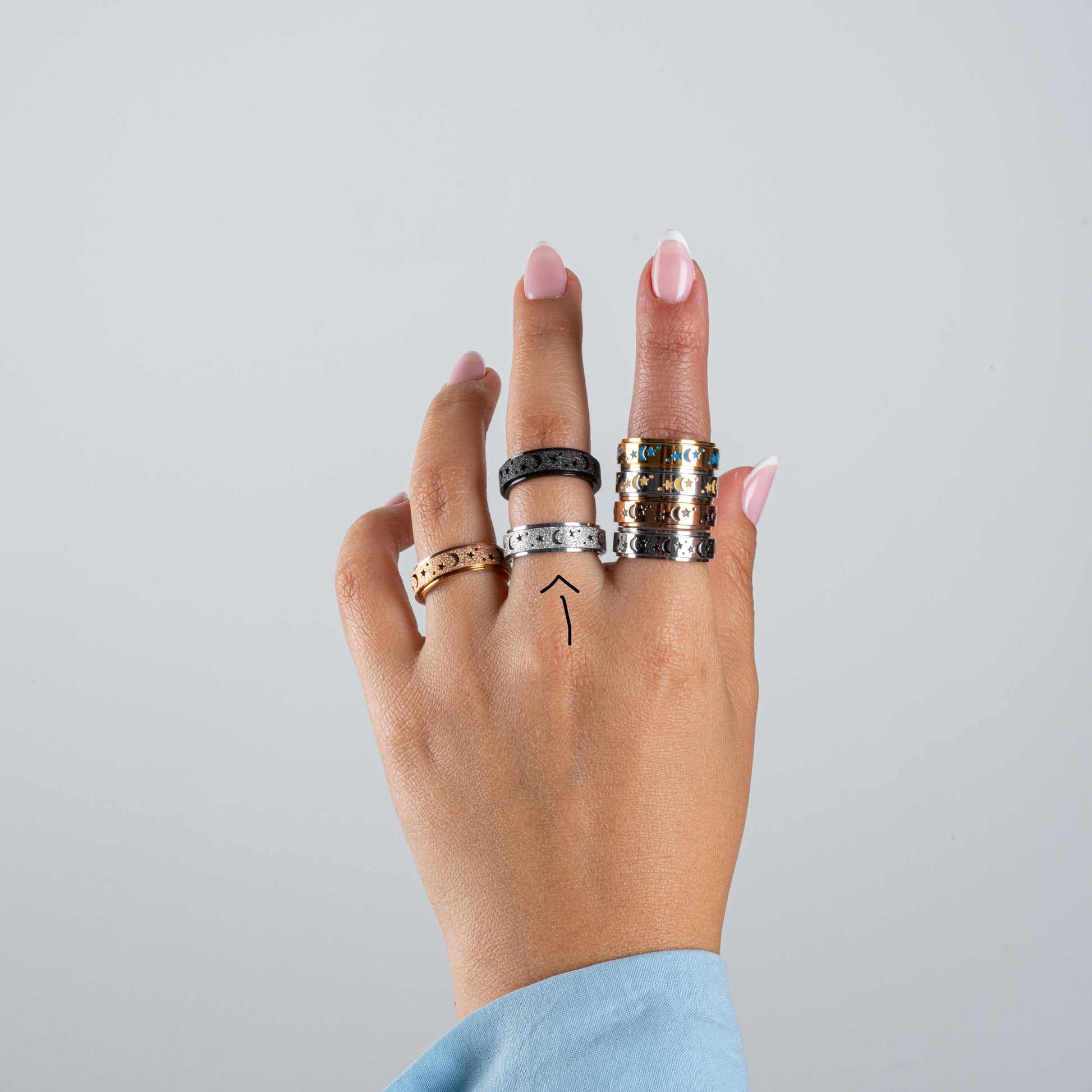 Anillo Deslizante Luna y Estrellas Aspero Plateado