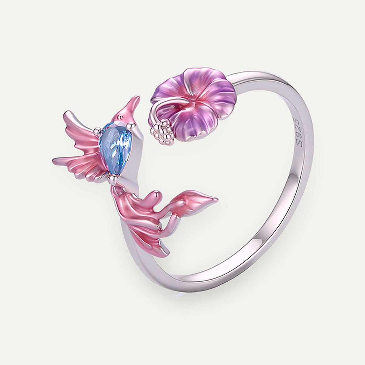 Anillo Plata S925 Colibrí Rosa y Flor Lila – detalle