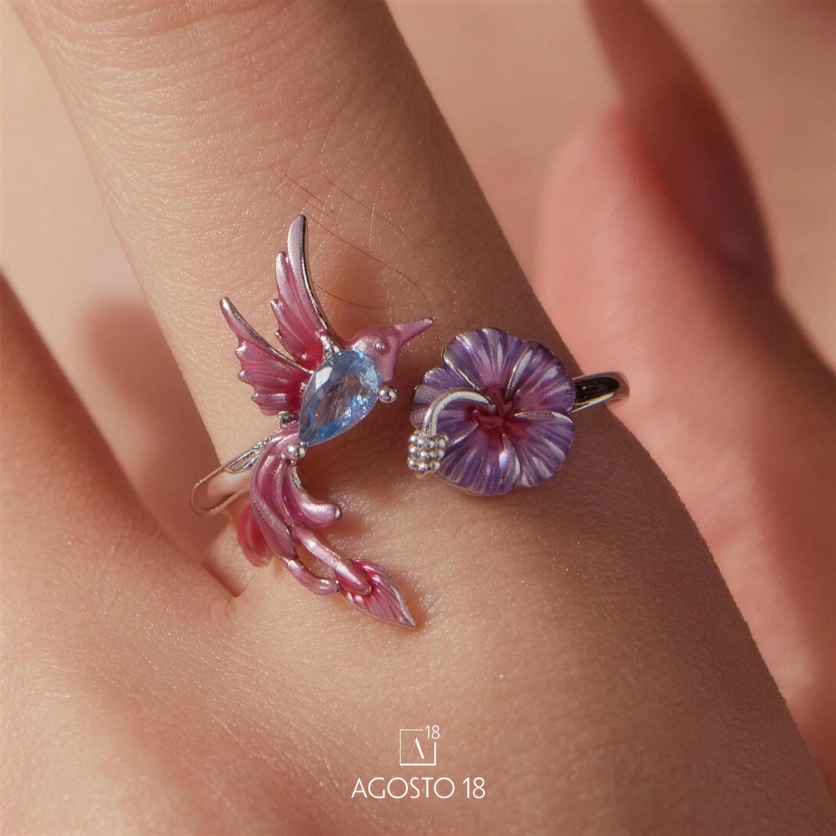 Anillo Plata S925 Colibrí Rosa y Flor Lila – así se ve puesto