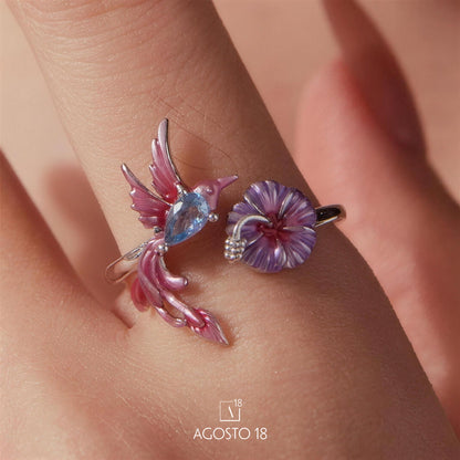 Anillo Plata S925 Colibrí Rosa y Flor Lila – así se ve puesto
