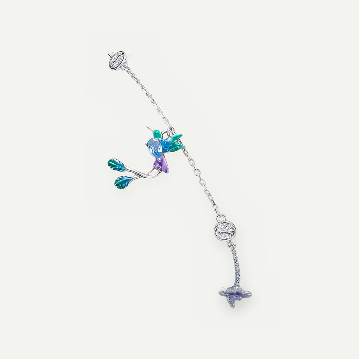 Pulsera Plata S925 Colibrí y Flor Lila – detalle