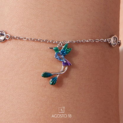 Pulsera Plata S925 Colibrí y Flor Lila – así se ve puesto