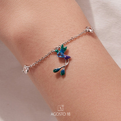 Pulsera Plata S925 Colibrí y Flor Lila – así se ve puesto