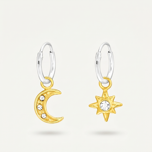 Aretes Luna y Estrella Cristales Dorados Plata S925