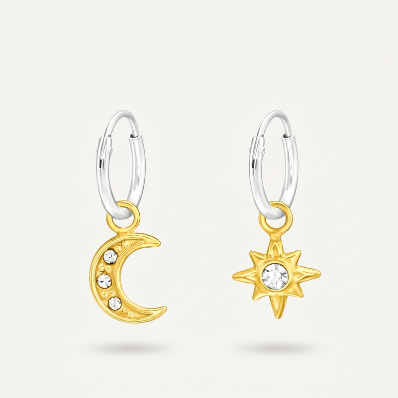 Aretes Luna y Estrella Cristales Dorados Plata S925